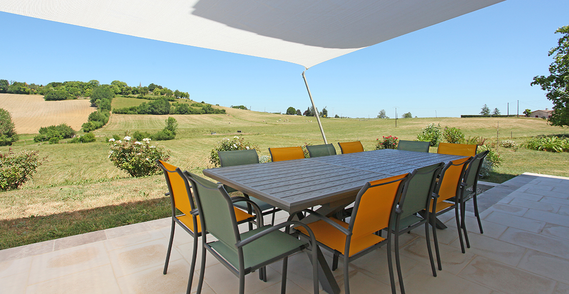 The main house rear terrace with views up to Soumensac