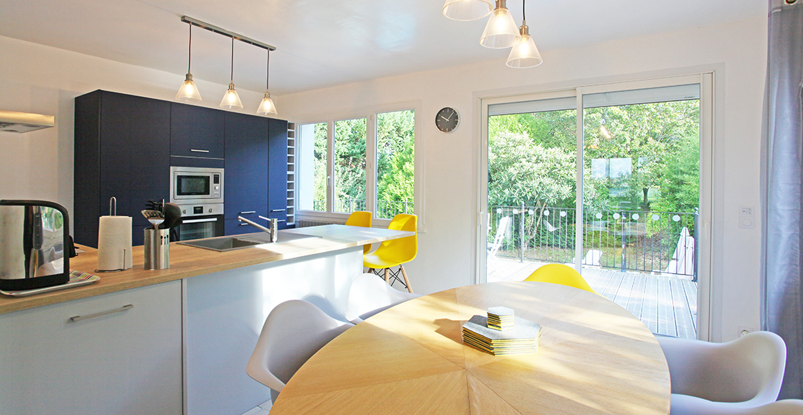 The kitchen area leads out onto the rear decked terrace